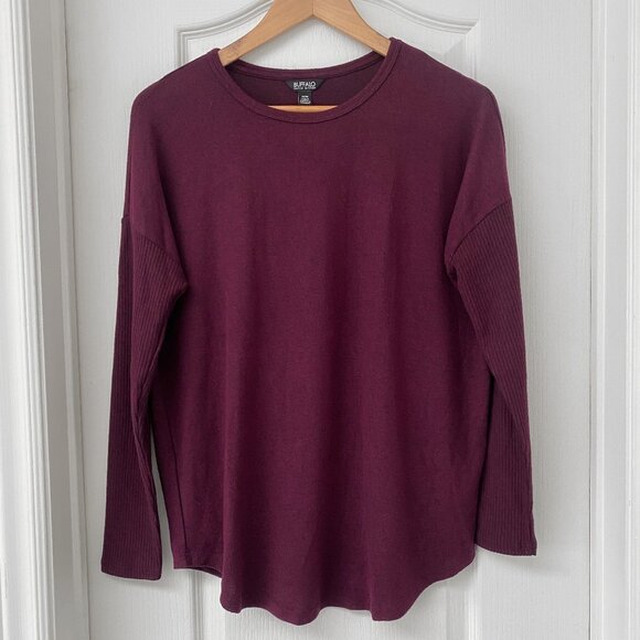 Buffalo David Bitton Womens Ribbed Sleeve Top - Burgundy - Picture 1 of 8